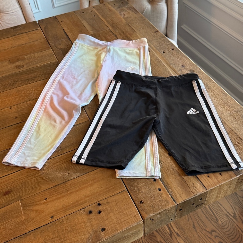 Adidas cropped tie- dye leggings and black shorts bundle size 7/8